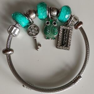 Silver Tone and Green Blue Happy Owl Charm Bracelet